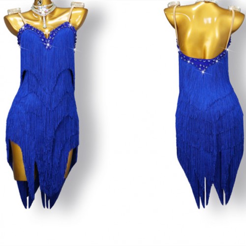 Custom size royal blue black tassels competition ballroom latin dance dresses for women girls teenagers salsa chacha rumba dancing outfits for female